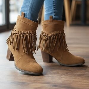Tan Fringe Genuine Suede Ankle Booties